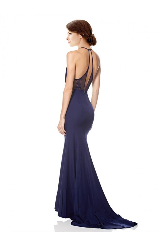 Outlet High Neck Fishtail Formal Crepe Bridesmaid Dress / Prom Dress with Open Back Detail UK