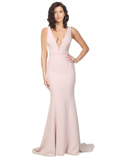 Outlet Deep Plunging V-Neckline Full Length Formal Crepe Bridesmaid Dress / Prom Dress with Deep V-Backline UK