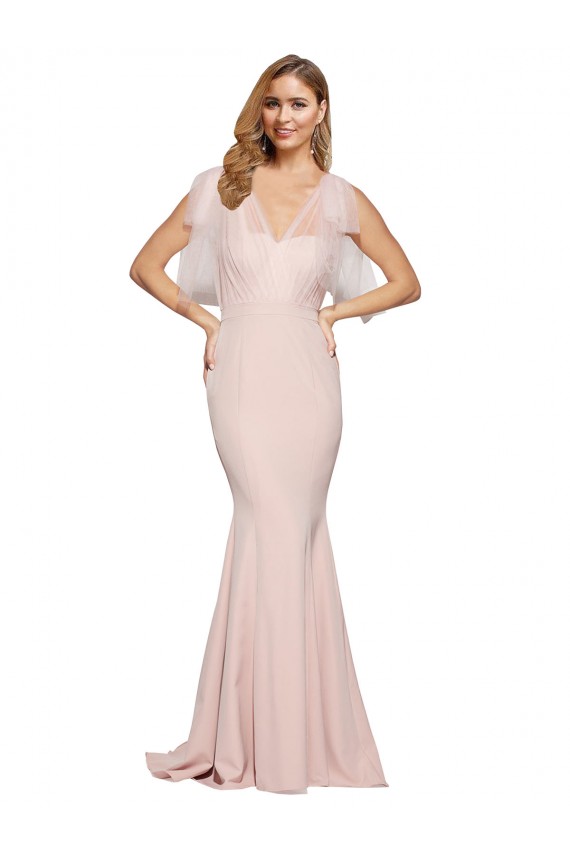 Outlet Double Bow Full Length Sweetheart Formal Crepe Bridesmaid Dress / Prom Dress with Tulle Overlay UK