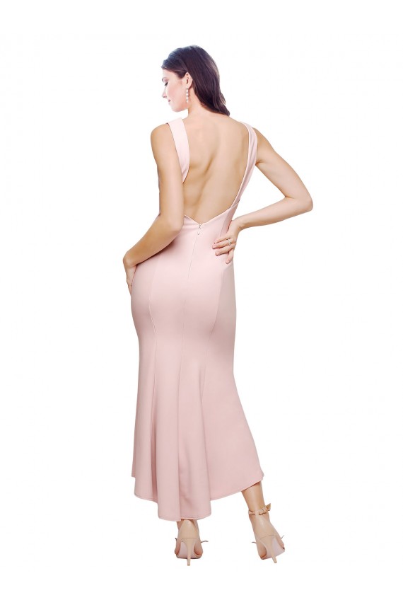 Outlet High Neck Low V-Back Cocktail Midi Length Formal Crepe Bridesmaid Dress / Prom Dress UK