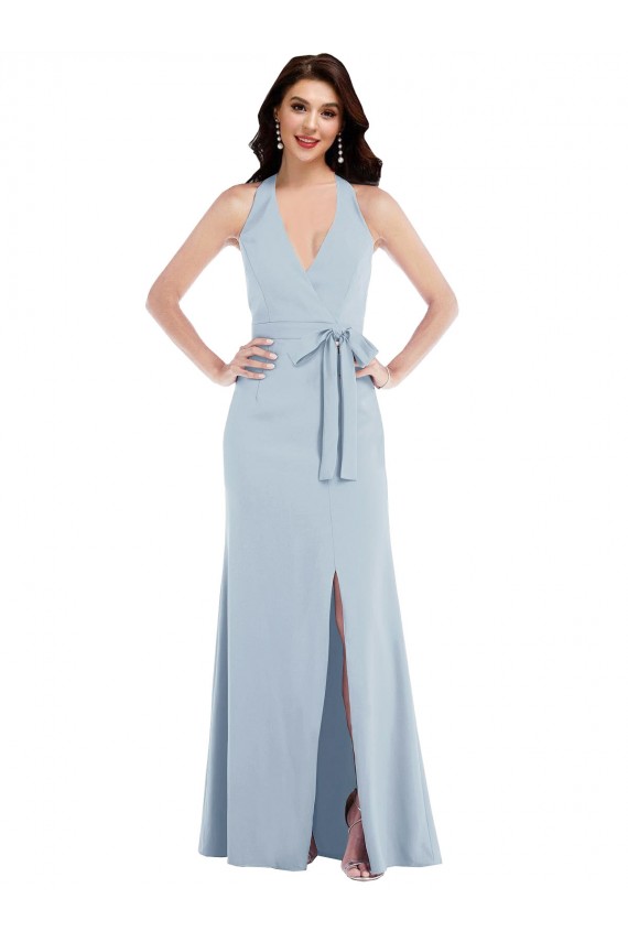 Outlet Open Back Halter Maxi Formal Crepe Bridesmaid Dress / Prom Dress with Draped Bow UK