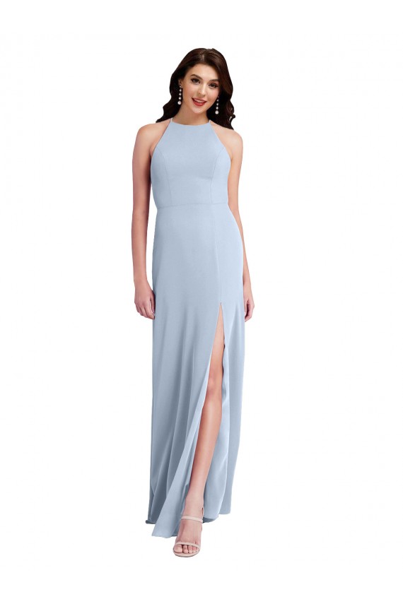 Outlet Fit and Flare High Neck Formal Crepe Bridesmaid Dress / Prom Dress with Side Slit UK