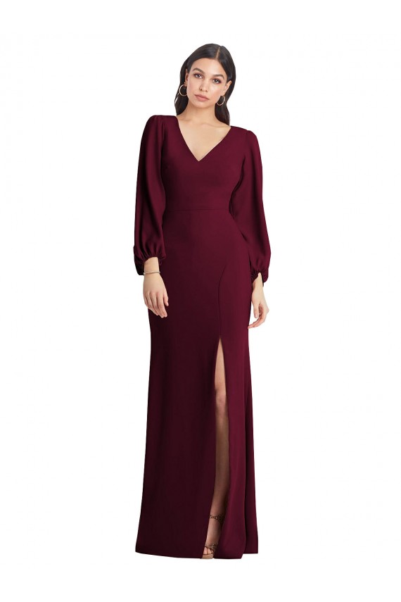 Outlet Long Puff Sleeve V-Neck Trumpet Bridesmaid Maxi Dress UK