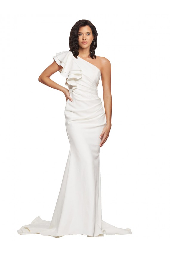 Outlet Ruched Long Sweep Train Crepe Bridesmaid Dress / Prom Dress with Shoulder Ruffles UK