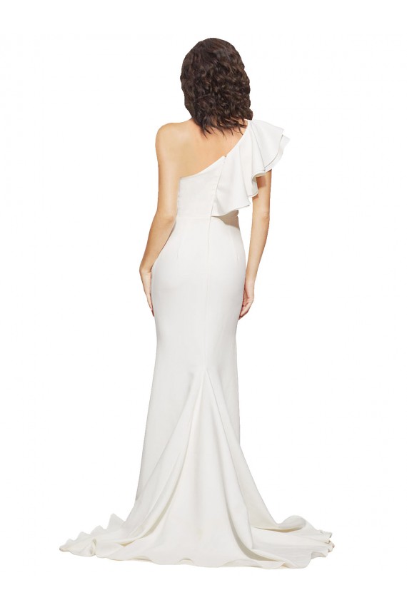 Outlet Ruched Long Sweep Train Crepe Bridesmaid Dress / Prom Dress with Shoulder Ruffles UK