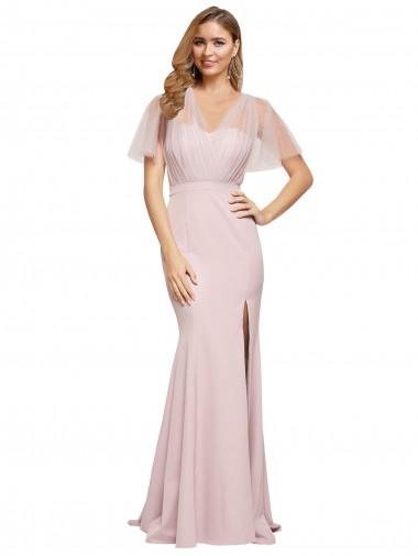 Outlet Crepe Long Sweetheart Neckline Formal Bridesmaid Dress / Prom Dress with Tulle Overlay Shoulders UK