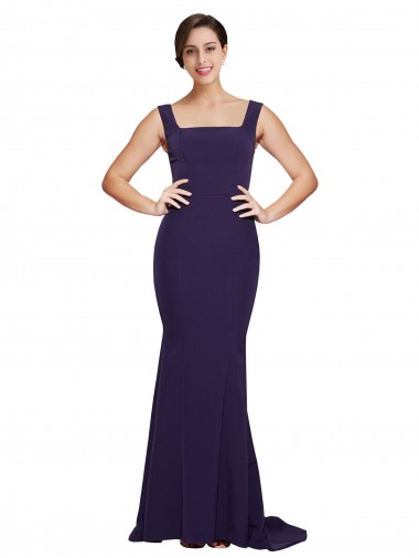 Outlet Square Neck Long Sweep Train Crepe Bridesmaid Dress / Prom Dress with Thick Straps UK