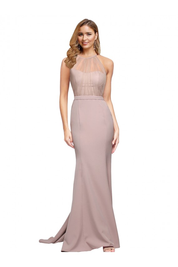 Outlet Long Sweetheart Formal Crepe Bridesmaid Dress / Prom Dress with High Neck Illusion Tulle Details UK