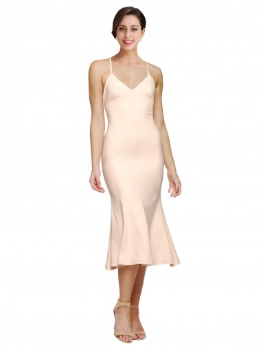 Outlet Midi Cocktail Length V-Neckline Crepe Bridesmaid Dress / Prom Dress with Thin Straps and Fulted Skirt UK