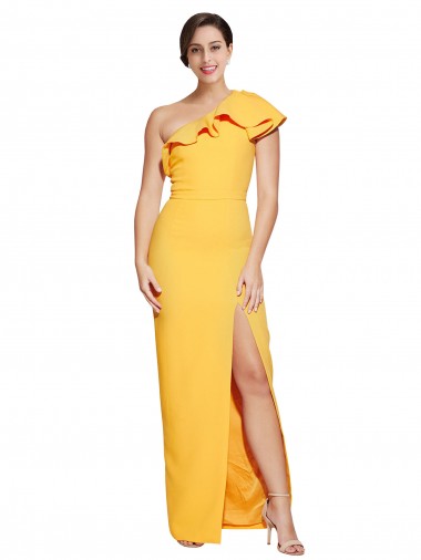 Outlet One Shoulder Floor Length Formal Crepe Bridesmaid Dress / Prom Dress with Thigh High Split UK