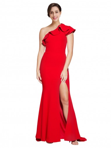 Outlet One Shoulder Long Sweep Train Crepe Bridesmaid Dress / Prom Dress with Thigh High Split UK