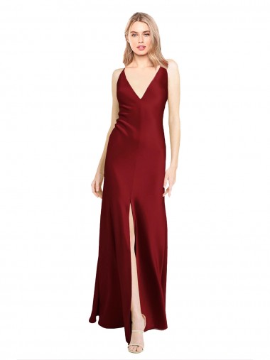 Outlet Floor Length Deep V-Back Formal Stretch Satin Bridesmaid Dress / Prom Dress with Front Slit UK