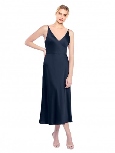 Outlet V-Neck Midi Length Short Cocktail Formal Stretch Satin Bridesmaid Dress / Prom Dress V-Back UK