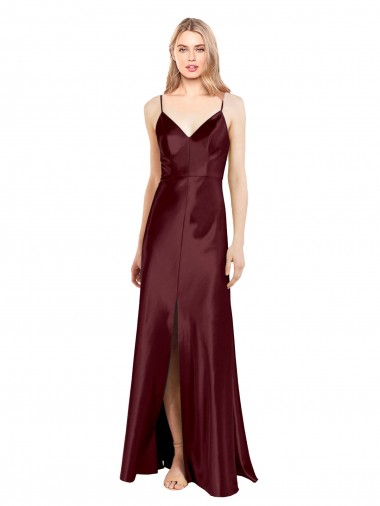 Outlet Sleek Spaghetti Straps V-Neck Formal Stretch Satin Bridesmaid Dress / Prom Dress with Center Front Slit UK