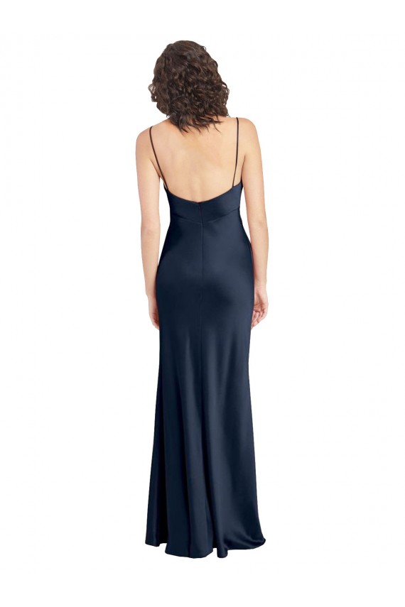 Outlet Cowl Neck Long Empire Waist Formal Stretch Satin Bridesmaid Dress with Open Back UK