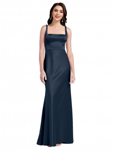 Outlet Square Neck A-Line Long Formal Stretch Satin Bridesmaid Dress / Prom Dress with Wide Straps UK