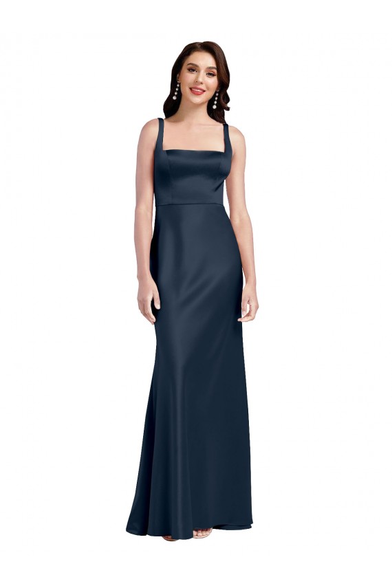 Outlet Square Neck A-Line Long Formal Stretch Satin Bridesmaid Dress / Prom Dress with Wide Straps UK