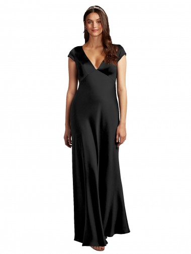 Outlet Plunging V-Neck Cap Cleeves Long Formal Stretch Satin Bridesmaid Dress / Prom Dress with Keyhole Back UK