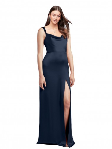 Outlet Cowl Neck Soft Long Formal Stretch Satin Bridesmaid Dress / Prom Dress with Side Slit and Pleated Straps UK