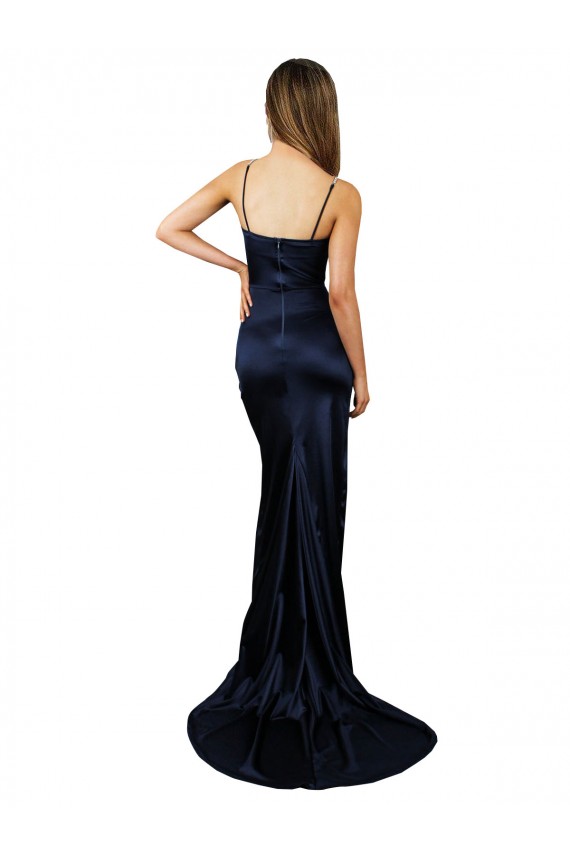 Outlet Pleated Sash Skirt Long Formal Stretch Satin Bridesmaid Dress / Prom Dress with High Slit UK