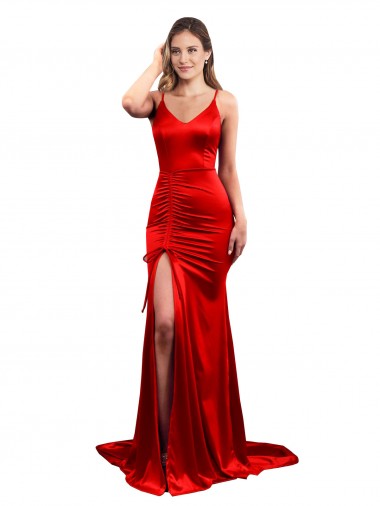 Outlet Long Pleated Formal Stretch Satin Bridesmaid Dress / Prom Dress with High Slit UK