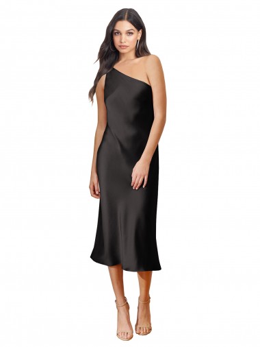 Outlet Sleek One Shoulder Midi Length Short Cocktail Formal Stretch Satin Slip Bridesmaid Dress / Prom Dress UK