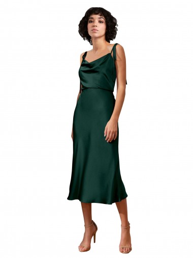 Outlet Spaghetti Straps Tie Shoulders Cowl Neck Short Midi Length Formal Stretch Satin Cocktail Bridesmaid Dress / Prom Dress UK