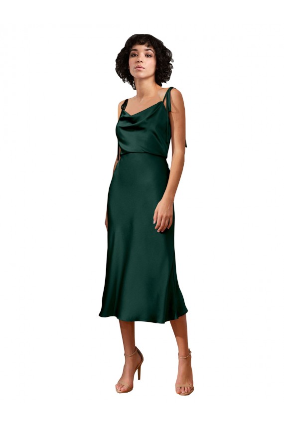 Outlet Spaghetti Straps Tie Shoulders Cowl Neck Short Midi Length Formal Stretch Satin Cocktail Bridesmaid Dress / Prom Dress UK