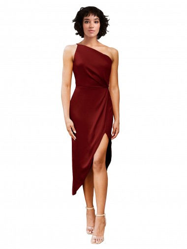 Outlet One Shoulder Cocktail Midi Length Short Formal Stretch Satin Wrap Style Bridesmaid Dress / Prom Dress UK