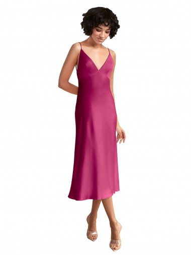 Outlet Midi Length V-Neck Short Formal Stretch Satin Bridesmaid Dress / Cocktail Prom Dress with Low Scoop Back UK