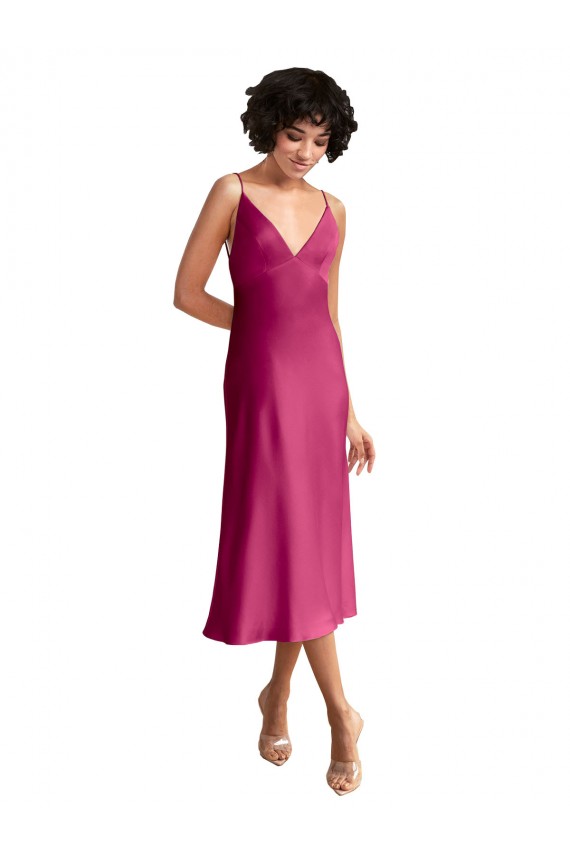 Outlet Midi Length V-Neck Short Formal Stretch Satin Bridesmaid Dress / Cocktail Prom Dress with Low Scoop Back UK
