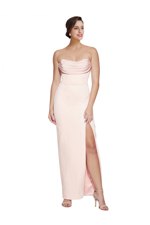 Outlet Cowl Neck Strapless Formal Stretch Satin Bridesmaid Dress / Prom Dress with High Split UK