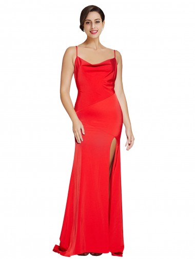 Outlet Low Back Cowl Neck Formal Stretch Satin Bridesmaid Dress / Prom Dress with High Side Slit UK
