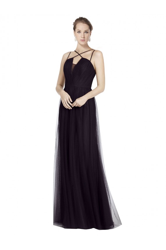 Outlet High Neck Long A-Line Tulle Bridesmaid Dress UK