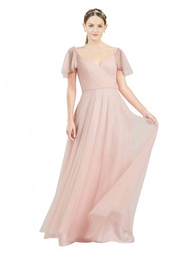 Outlet Long V-Neck Flutter Sleeves Tulle Bridesmaid Dress UK