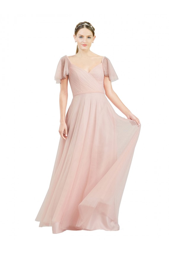 Outlet Long V-Neck Flutter Sleeves Tulle Bridesmaid Dress UK