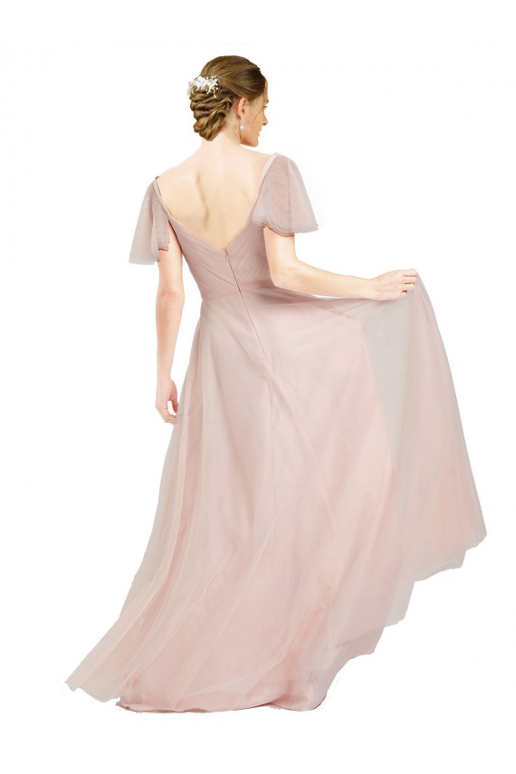 Outlet Long V-Neck Flutter Sleeves Tulle Bridesmaid Dress UK