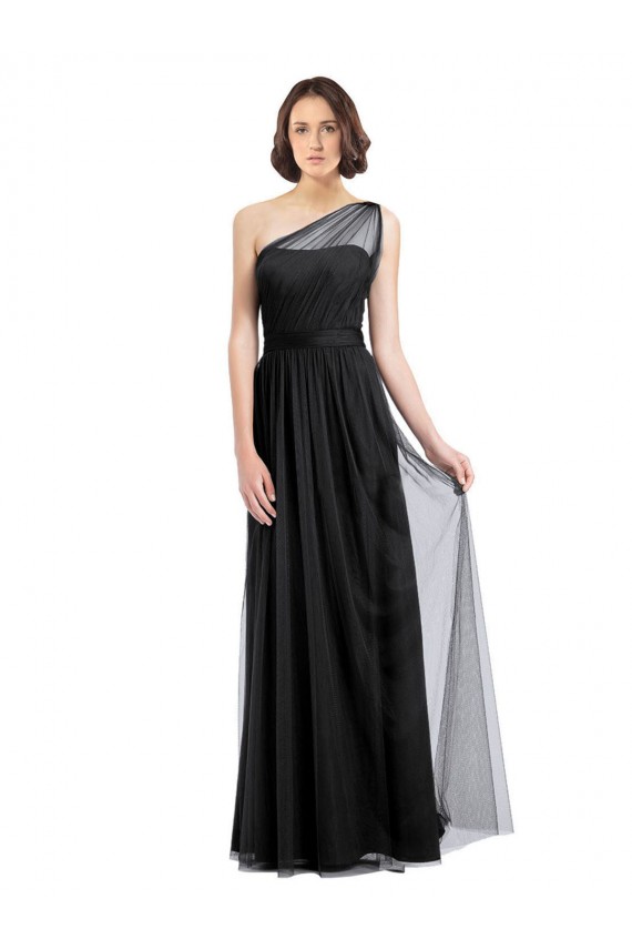 Outlet Ruched Long Soft Tulle Bridesmaid Dress with Sheer Netting Shoulder Strap UK