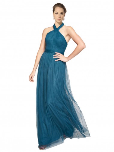 Outlet High Neck Halter Pleated A-Line Tulle Bridesmaid Dress UK