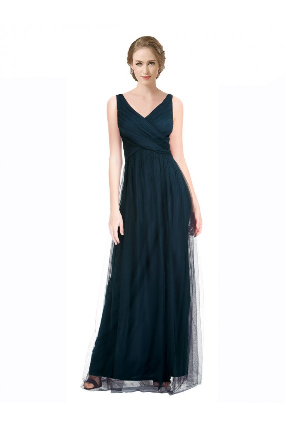 Outlet Full Length Long Tulle Bridesmaid Dress with V-Neck Criss-Cross Ruched Top UK