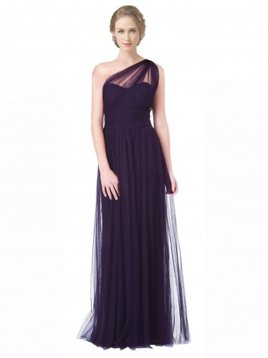 Outlet One Shoulder Long Tulle Bridesmaid Gown with Sheer Netting Strap UK