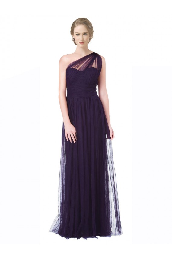 Outlet One Shoulder Long Tulle Bridesmaid Gown with Sheer Netting Strap UK