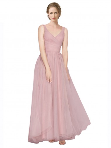 Outlet Long Floor Length Wide Strap Plunge Cross Over Neckline Tulle Bridesmaid Dress UK
