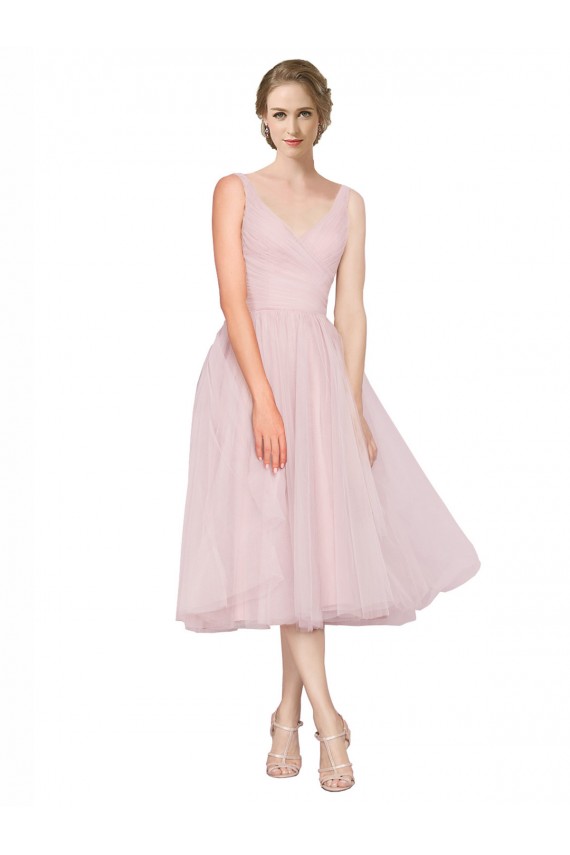 Outlet Short Tea Length Wide Strap Plunge Cross Over Neckline Tulle Cocktail Bridesmaid Dress UK