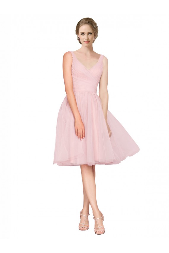 Outlet Short Knee Length Wide Strap Plunge Cross Over Neckline Tulle Cocktail Bridesmaid Dress UK