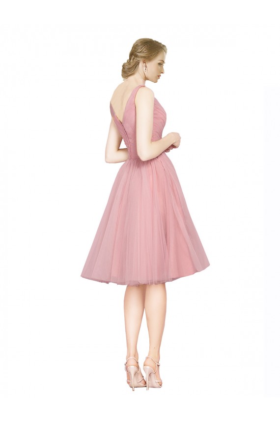 Outlet Short Knee Length Wide Strap Plunge Cross Over Neckline Tulle Cocktail Bridesmaid Dress UK