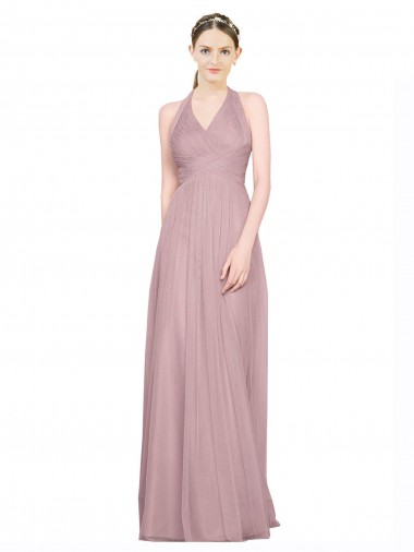 Outlet Ruffled Halter V-Neck Long Tulle Bridesmaid Dress with Pleats UK