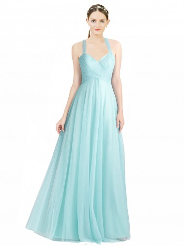 Outlet Ruched Sweetheart Neckline A-Line Tulle Bridesmaid Dress with Tie Open Back UK