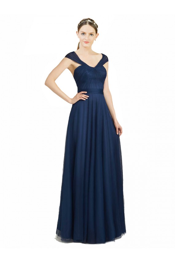 Outlet Ruched Sweetheart Long A-Line Tulle Bridesmaid Dress with Wide Straps and Tie Back UK