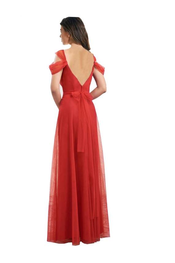 Outlet Cold Shoulder Pleated Wrap Tulle Bridesmaid Dress with Low V-Back UK